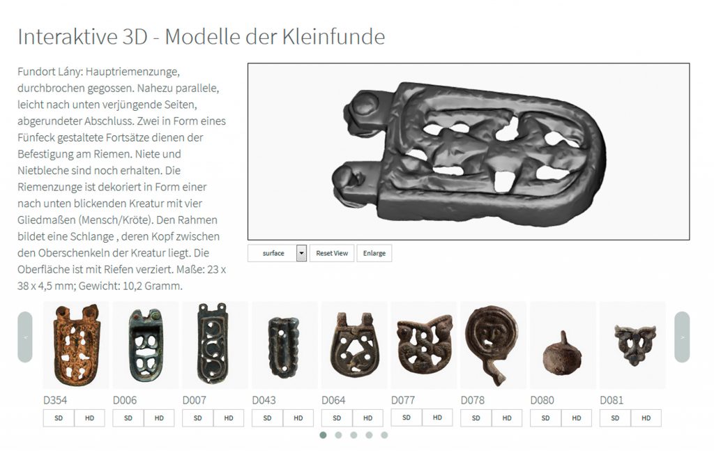 Abb. 2: 3D-Viewer der Projektwebsite mit interaktiven 3D-Modellen der Buntmetallfunde, http://homepage.univie.ac.at/stefan.eichert/gkn/ (3. November 2017), Entwurf: Stefan Eichert