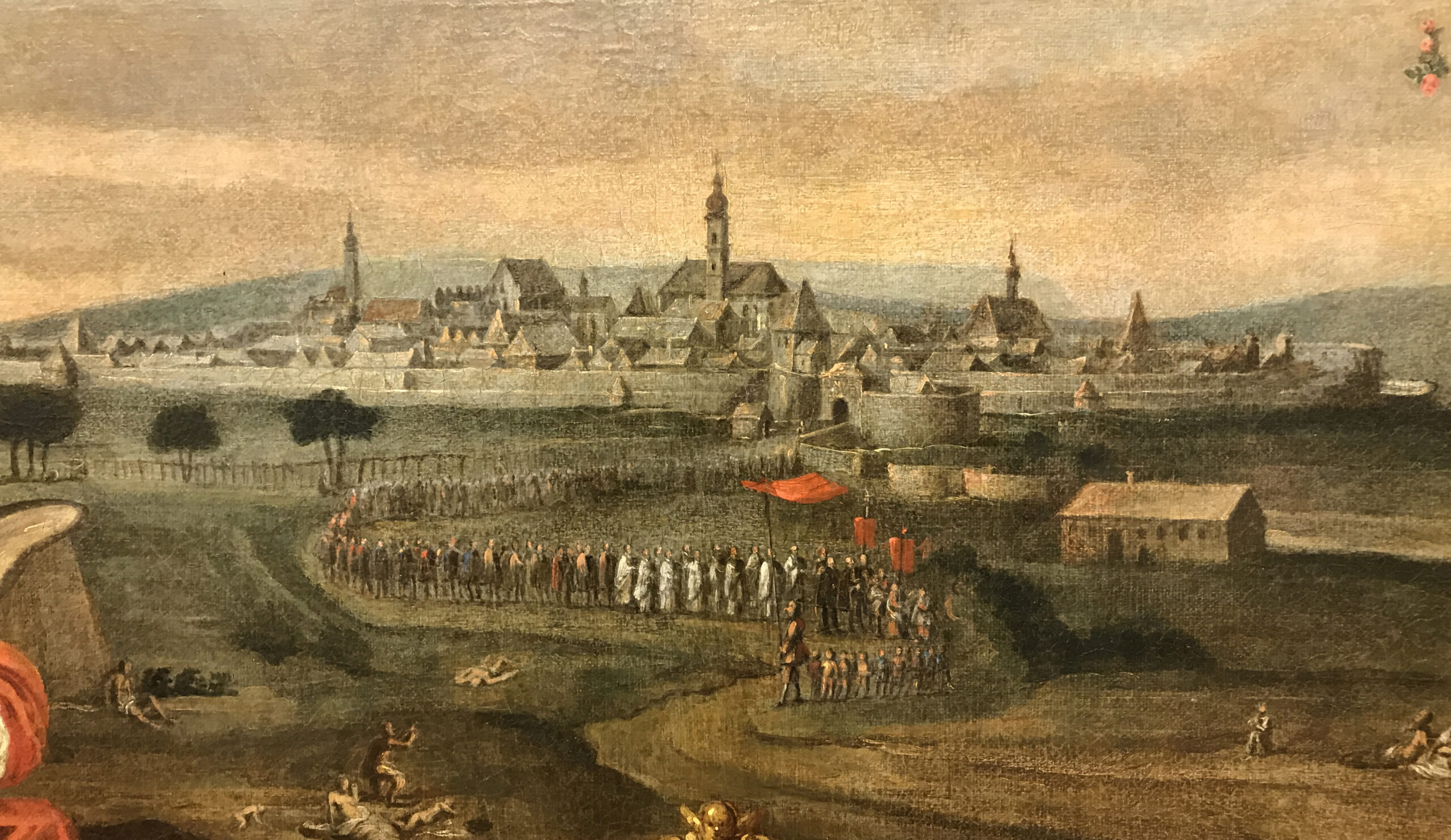 Ausschnitt aus dem der Wallfahrtskirche Mank gestifteten Votivbild der Stadt St. Pölten mit Darstellung einer aus der Stadt ziehenden Prozession (Öl auf Leinwand, Balduin Hoyel, 1646). (© Stadtmuseum St. Pölten, Foto: Karin Kühtreiber)
