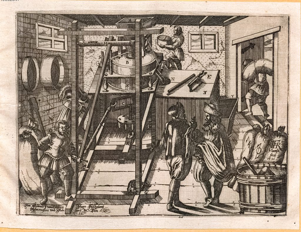 Abb. 9: Johannes Faulhaber (invenit), Hauß- oder Handmühlin, aus: Johannes Faulhaber: Ein mathematische newe Invention einer sehr nutzlichen und geschmeidigen Hauß- oder Handmühlin […]. Augsburg 1616.