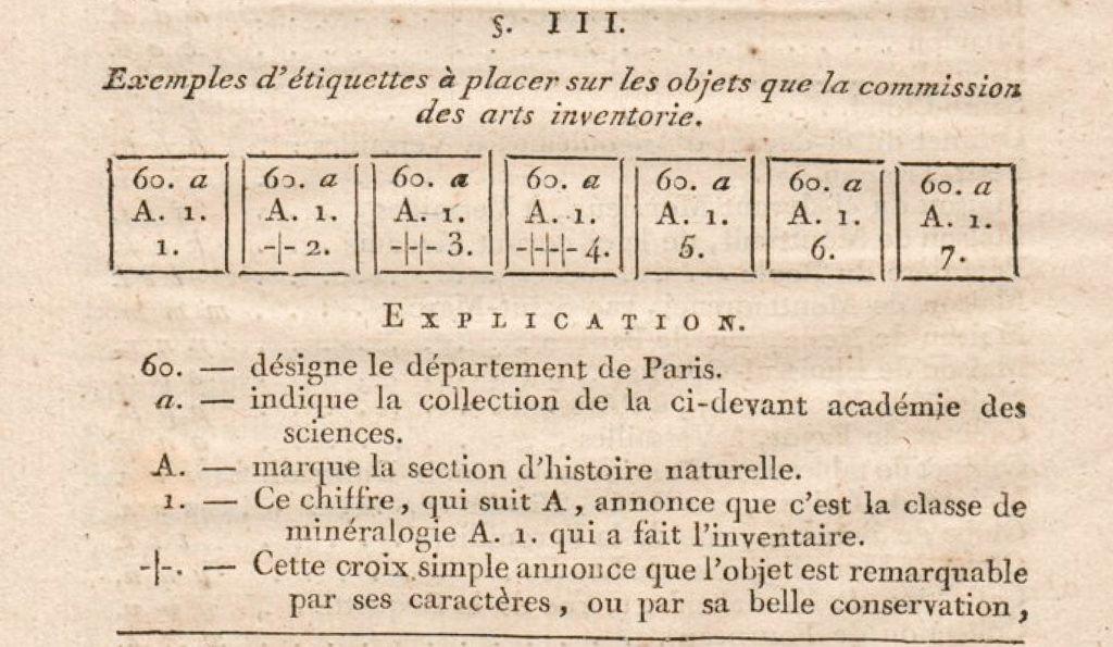 Abb. 1: Anweisung zur Anfertigung von Etiketten für die Beschriftung der Objekte in der Instruction, 1793, Exemplar aus der ehem. Bibliothèque d'art et d'archéologie, Jacques Doucet, heute bibliothèque INHA, Paris.