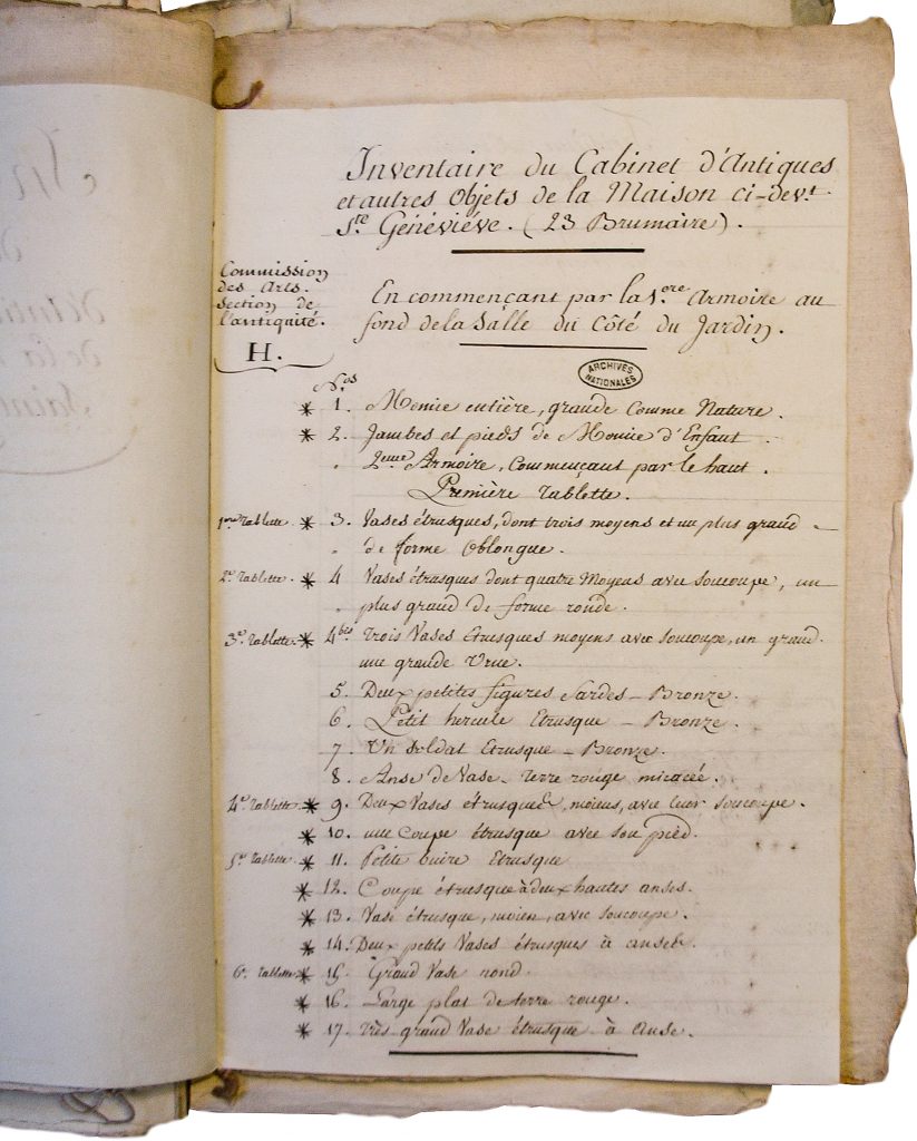 Abb. 2: Inventaire du Cabinet d'Antiquités et autres objets de la Maison ci-devant Sainte Geneviève, 1790, Archives nationales, Paris, F171265.