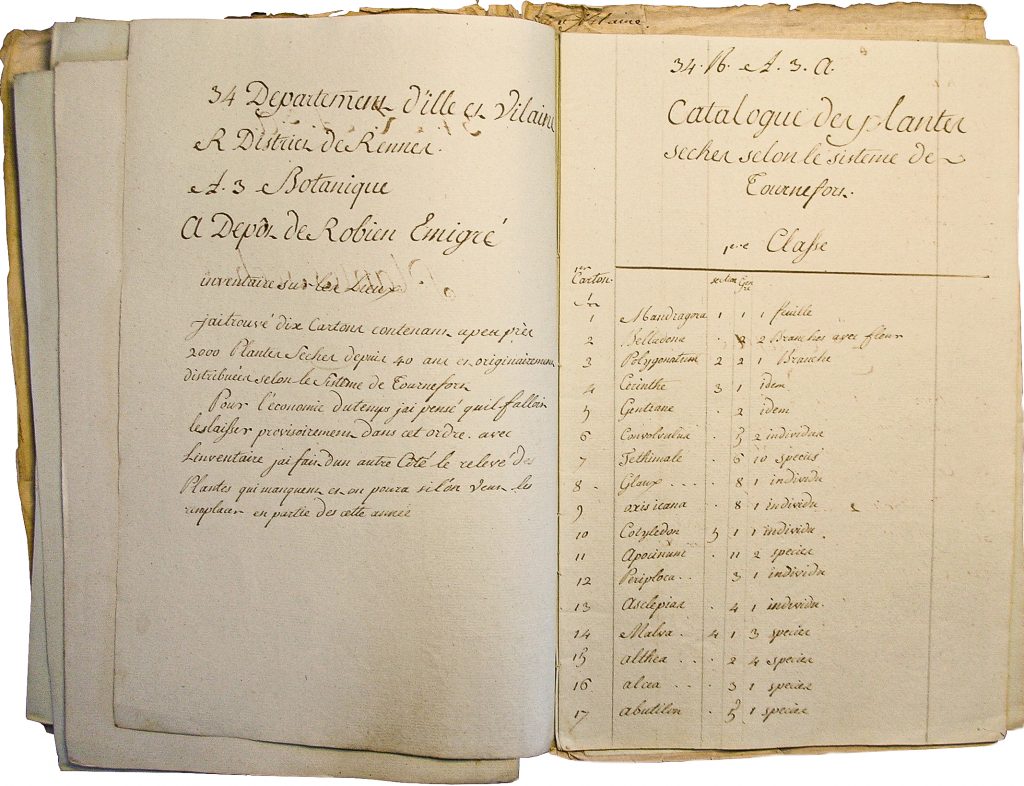 Abb. 4: Inventarseite, Botanique: Plantes sèches, Sammlung Robien, Rennes, 1793/94, Archives nationales, Paris, F171270A.