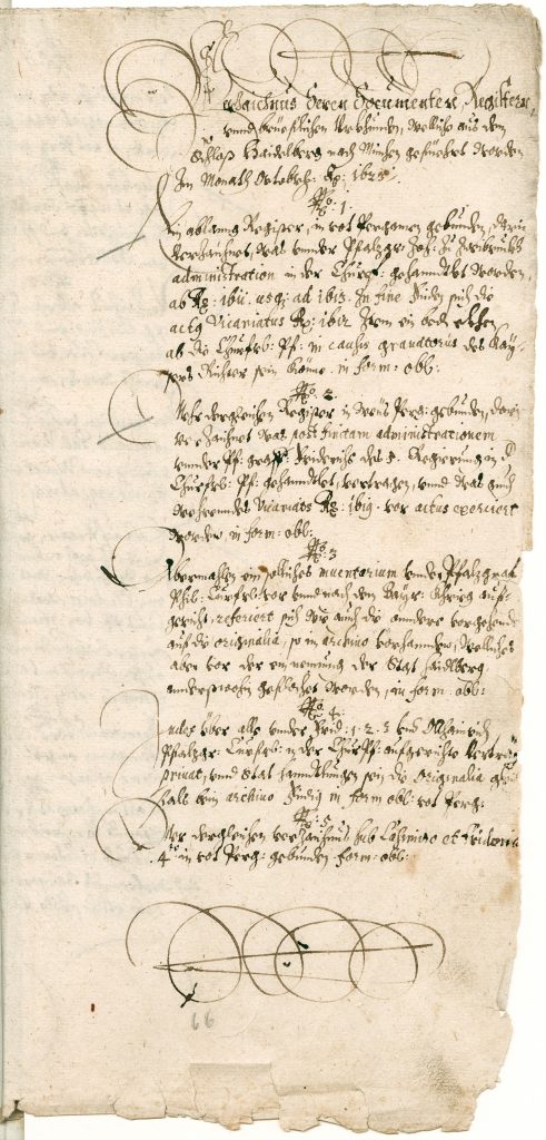 Abb. 3: Verzeichnis der aus Heidelberg nach München gebrachten Dokumente, 1623, München –Titelansicht. Bayerisches Hauptstaatsarchiv München, Dreißigjähriger Krieg Akten 169, fol. 66r.