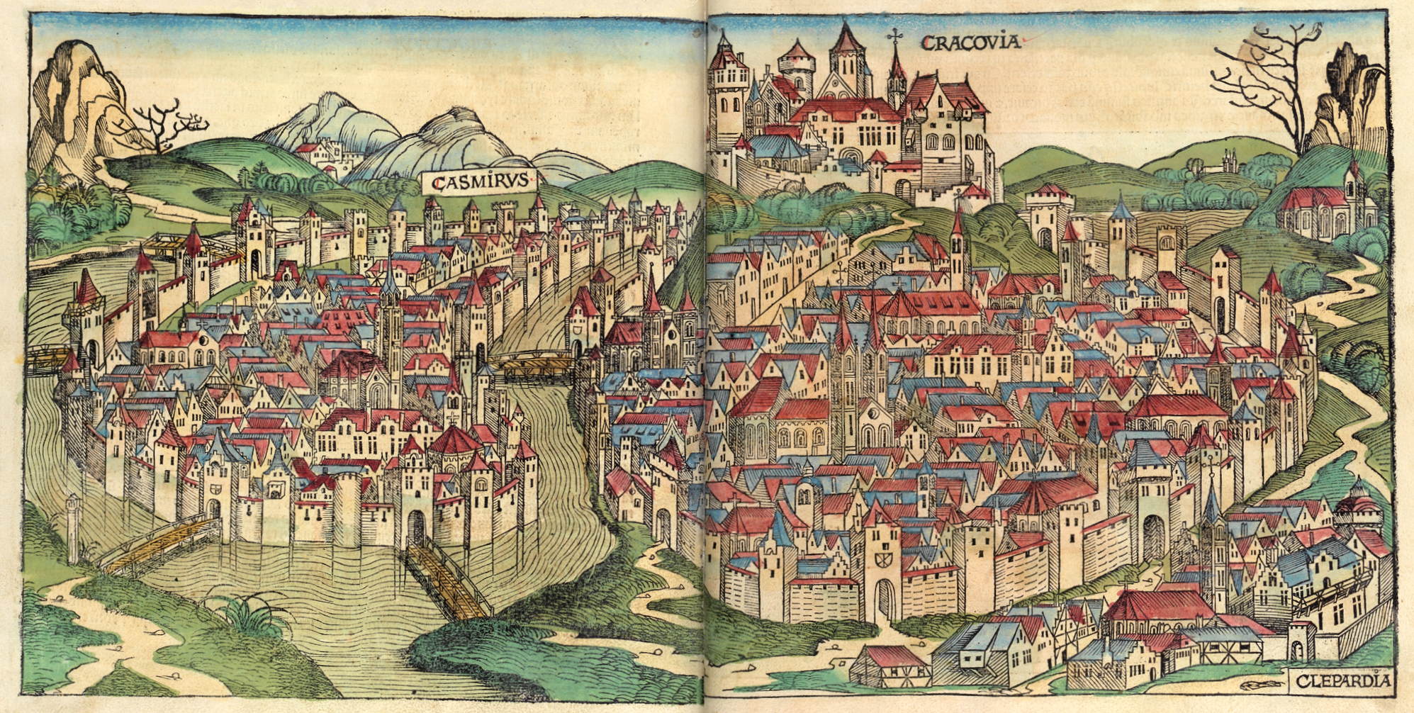 Woodcut of Krakow from Herman Schedel's Weltchronik (Nurnberg 1493), f. 264v-265 (public domain)
