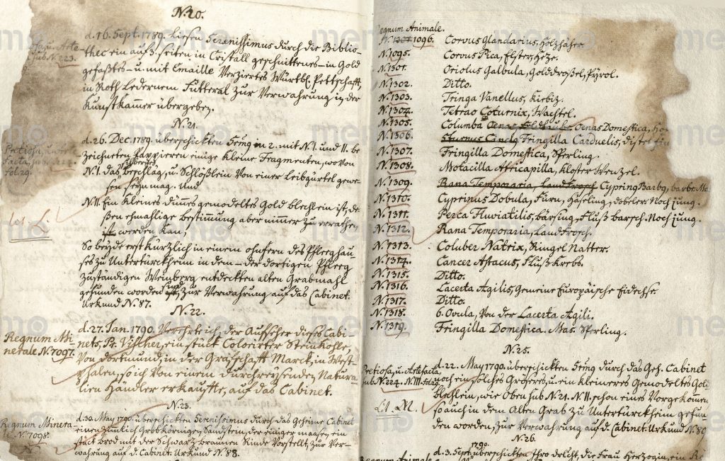 Abb. 11: Inventareinträge der Goldblechlein (Nr. 21 und 25) unter Antiquar Vischer (1791/91). Mit Rötelstift stehen am Rand Hinweise auf die Aktenvermerke Lit. L und M, zur Übername in die Kunstkammer. Hauptstaatsarchiv Stuttgart Bestand A20a, Bü 134, Nr. 21, 25.